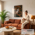 Quadro Decorativo Astronauta Deitado em Campo de Flores | quadros decorativos para sala de estar | astronauta de traje branco deitado em campo de flores laranja vibrantes | em ambiente 3 | Porao dos Quadros