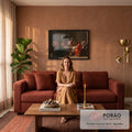 Quadro Decorativo A Última Ceia em Tons Terrosos e Vermelho | quadros decorativos para sala de estar | cena da Última Ceia com treze figuras masculinas à mesa em tons terrosos | em ambiente 3 | Porao dos Quadros