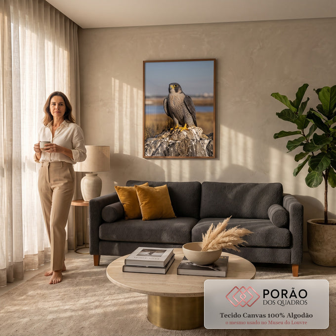 Falcão-peregrino de penas cinza listradas pousado em rocha, com campo dourado desfocado, quadro decorativo