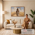 Quadro Decorativo Grande Jesus Bom Pastor Trigal para Sala | quadros decorativos para sala de estar | homem de manto branco carregando cordeiro em campo de trigo dourado sob céu azul | em ambiente 3 | Porao dos Quadros