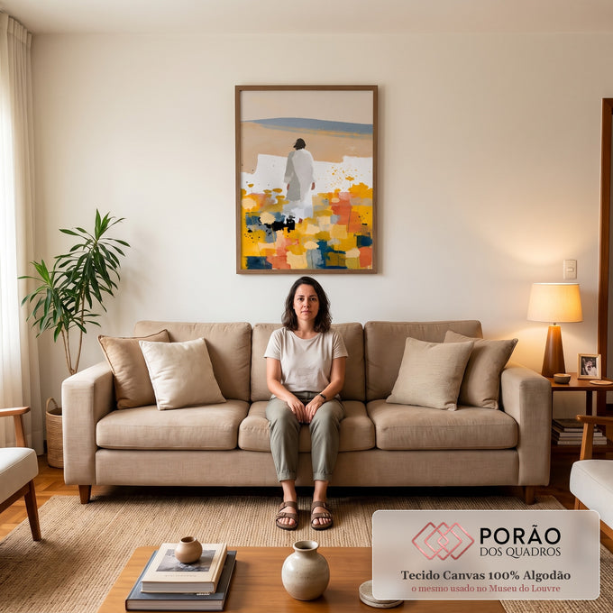 Quadro Decorativo Jesus no Campo Florido Dourado | quadros decorativos para sala de estar | mulher de vestido branco de costas em campo de flores amarelas e colinas azuis | em Quadros para Escritorio | Porao dos Quadros