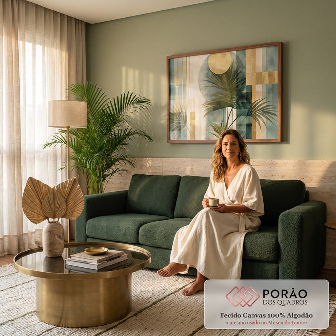 Folhas de palmeira verdes sobre blocos geométricos e sol em folha de ouro, quadro decorativo
