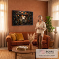 Quadro Decorativo Grande Leão com Coroa de Rosas para Sala | quadros decorativos para sala de estar | leão com coroa de rosas e galhos cercado por folhagens densas | em ambiente 3 | Porao dos Quadros