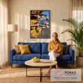 Banca de limões, laranjas e alho pendurado diante do mar azul da Costa Amalfitana, quadro decorativo