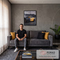 Porsche 911 GT3 metade preto fosco e metade amarelo em garagem com luzes brancas, quadro decorativo