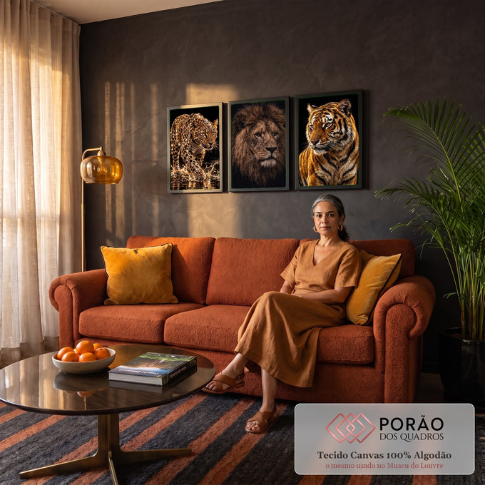 Quadro Decorativo Kit 3 Telas Leopardo Leão para Sala Preto | quadros decorativos para sala de estar | leopardo, leão e tigre em fundo preto, estilo fotografia realista | em ambiente 3 | Porao dos Quadros