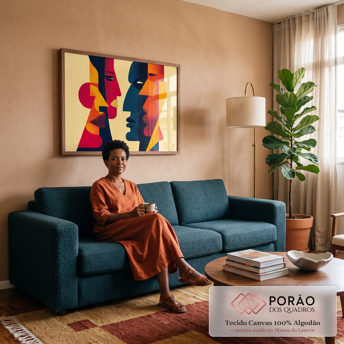 Quadro Decorativo Grande Rostos Geométricos para Sala | quadros decorativos para sala de estar | três rostos geométricos em perfil nas cores vermelho, azul e laranja sobre fundo bege | em ambiente 3 | Porao dos Quadros