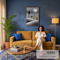 Quadro Decorativo Grande Mulher de Vestido para Sala Amarelo | quadros decorativos para sala de estar | mulher de vestido amarelo com bolinhas pretas sob lua cheia e prédio pontilhado | em ambiente 3 | Porao dos Quadros