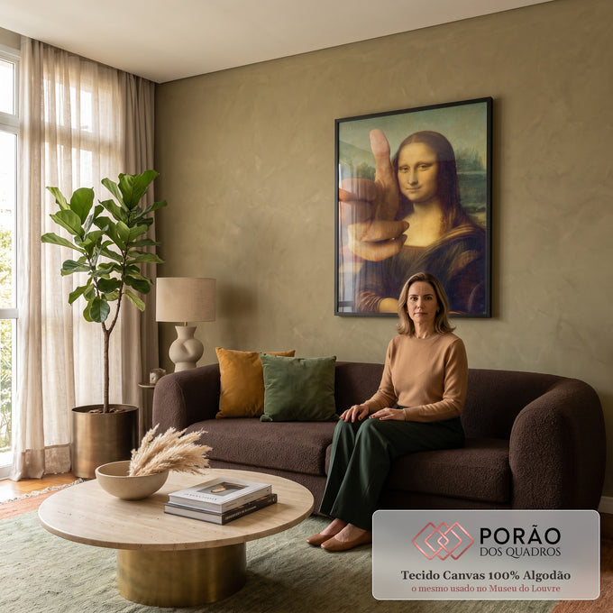 Quadro Decorativo Grande Mona Lisa com Mão Marrom para Sala | quadros decorativos | Mona Lisa com mão gigante fazendo gesto de arminha na frente do rosto | em ambiente 2 | Porao dos Quadros