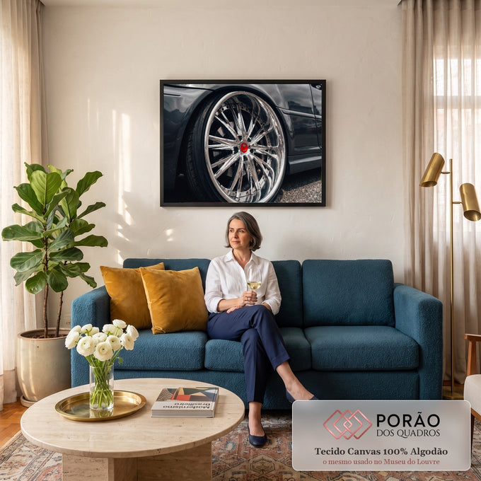 Fotografia em close de roda esportiva cromada com centro vermelho em carro cinza, quadro decorativo