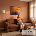 Quadro Decorativo Grande Veleiro Iluminado para Sala Laranja | quadros decorativos para sala de estar | veleiro de dois mastros iluminado com luzes, ancorado em mar calmo ao pôr do sol laranja | em ambiente 3 | Porao dos Quadros