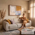 Quadro Decorativo Grande Abstrato em Dourado para Sala Bege | quadros decorativos para sala de estar | pintura abstrata com blocos de bege, dourado, lavanda e azul em textura espessa | em ambiente 3 | Porao dos Quadros