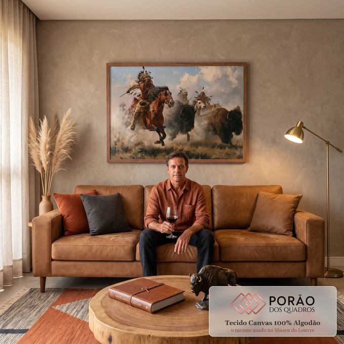 Quadro Decorativo Caçadores Indígenas Perseguindo Bisões | quadros decorativos para sala de estar | guerreiros indígenas a cavalo perseguindo bisões em pradaria com poeira e céu nublado | em ambiente 3 | Porao dos Quadros