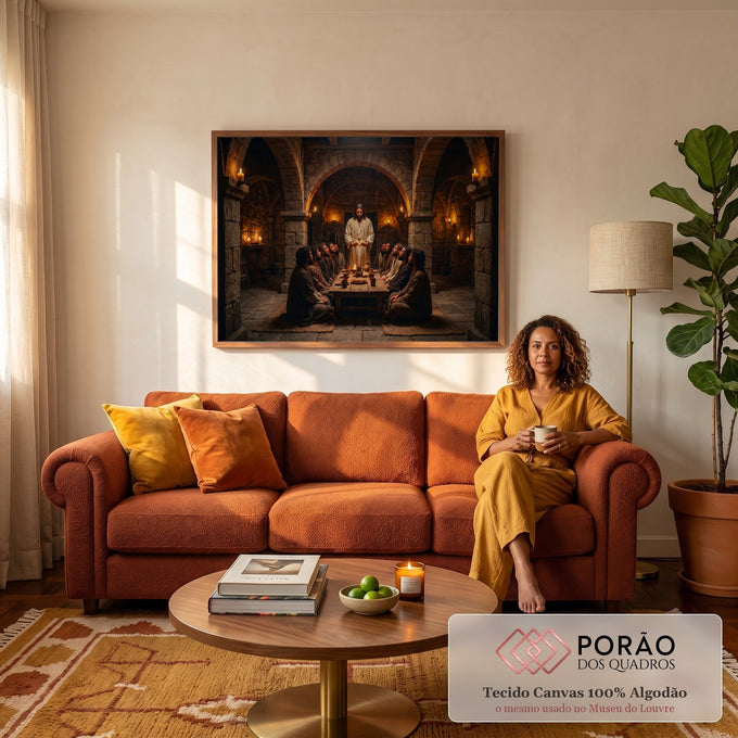Jesus de pé partilhando o pão com os discípulos em cripta de pedra iluminada por velas, quadro decorativo