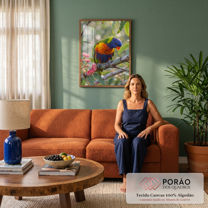 Pássaro lóris pousado em galho de eucalipto com flores rosa e fundo verde desfocado, quadro decorativo