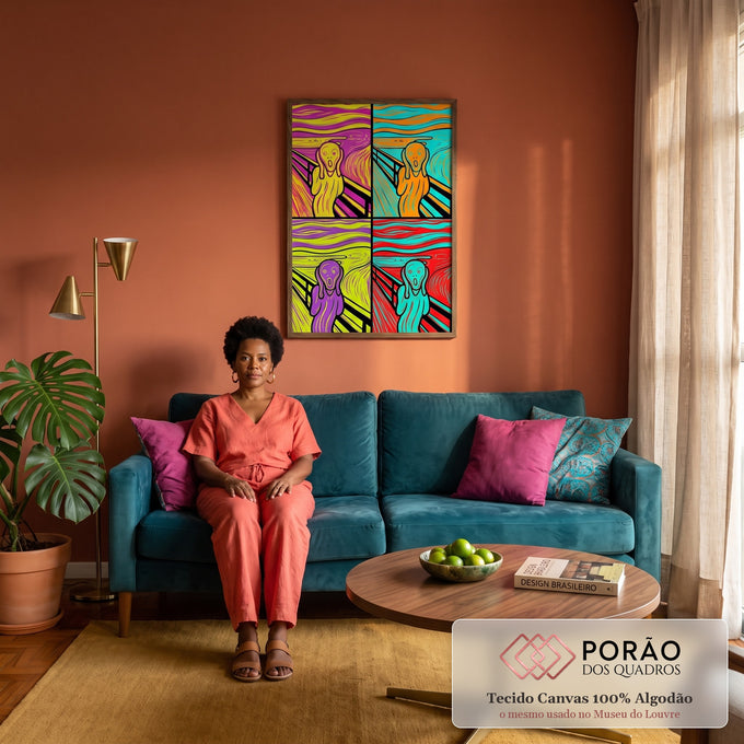 Quadro Decorativo Grande Grito de Munch Sala para Sala Rosa | quadros decorativos para sala de estar | figura gritando em quatro paletas pop art vibrantes inspirada em O Grito | em ambiente 3 | Porao dos Quadros