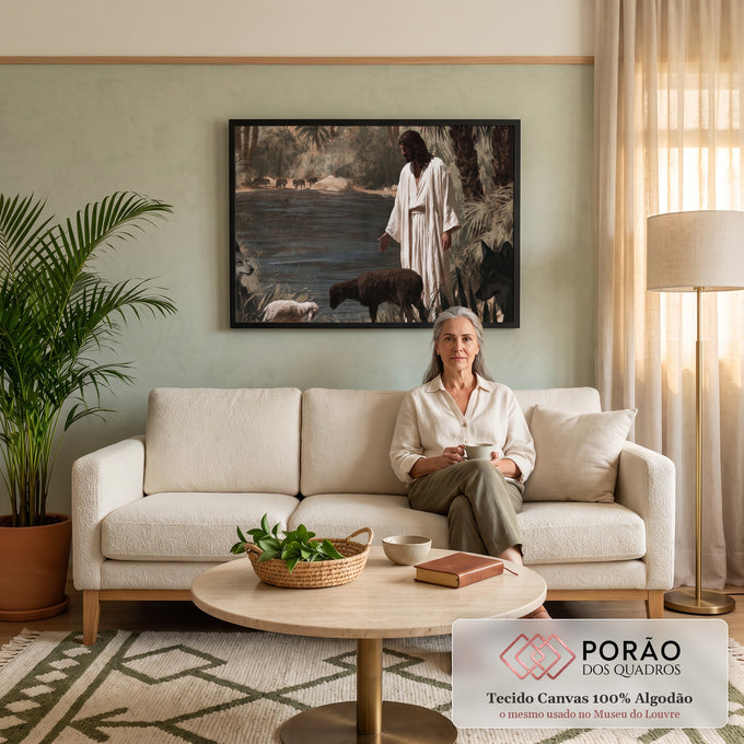 Quadro Decorativo Jesus com Lobos e Ovelhas à Beira do Lago | quadros decorativos para sala de estar | figura de manto branco à beira de lago cercada por lobos e ovelhas entre | em ambiente 3 | Porao dos Quadros