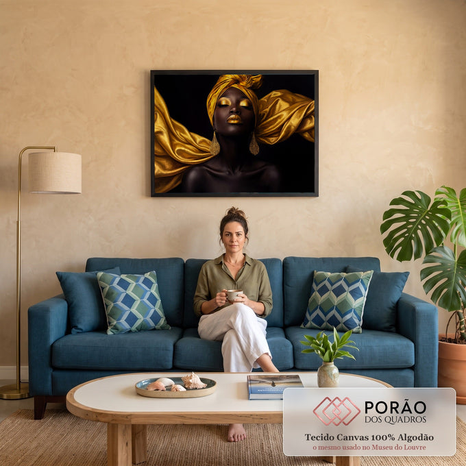 Quadro Decorativo Grande Mulher com Turbante para Sala | quadros decorativos para sala de estar | mulher negra de olhos fechados com turbante e maquiagem dourada sobre fundo preto | em ambiente 3 | Porao dos Quadros