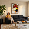 Árvore de copa vermelha sob sol dourado, reflexo na água e moldura em relevo branco, quadro decorativo