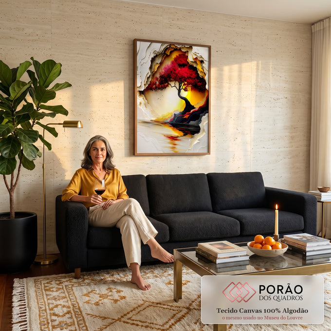 Árvore de copa vermelha sob sol dourado, reflexo na água e moldura em relevo branco, quadro decorativo