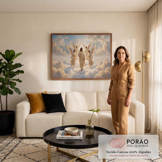 Jesus Cristo abençoando sobre nuvens brancas, cercado por quatro anjos de asas abertas, quadro decorativo