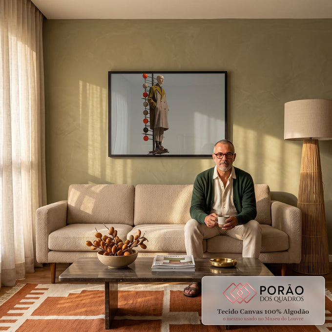 Homem careca de sobretudo verde e xadrez no topo de poste com esferas, céu cinza, quadro decorativo
