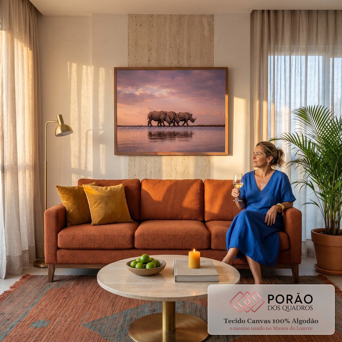 Três rinocerontes caminhando sob céu rosa ao pôr do sol, refletidos na água calma, quadro decorativo