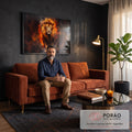 Quadro Decorativo Grande Leão em Chamas Laranja para Sala | quadros decorativos para sala de estar | leão caminhando com juba em chamas douradas e vermelhas sobre fundo escuro | em ambiente 3 | Porao dos Quadros