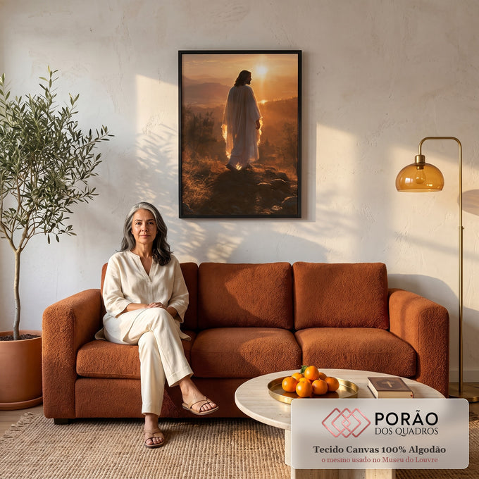 Quadro Decorativo Jesus Cristo Contemplando o Pôr do Sol | quadros decorativos para sala de estar | Jesus de manto branco caminha em colina ao pôr do sol dourado | em ambiente 3 | Porao dos Quadros