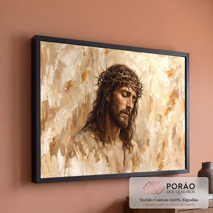 Jesus Cristo com coroa de espinhos e olhos fechados, pinceladas a óleo em tons bege, quadro decorativo
