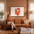 Rosto de mulher de olhos fechados em esboço com mancha vermelha e linhas de grade, quadro decorativo