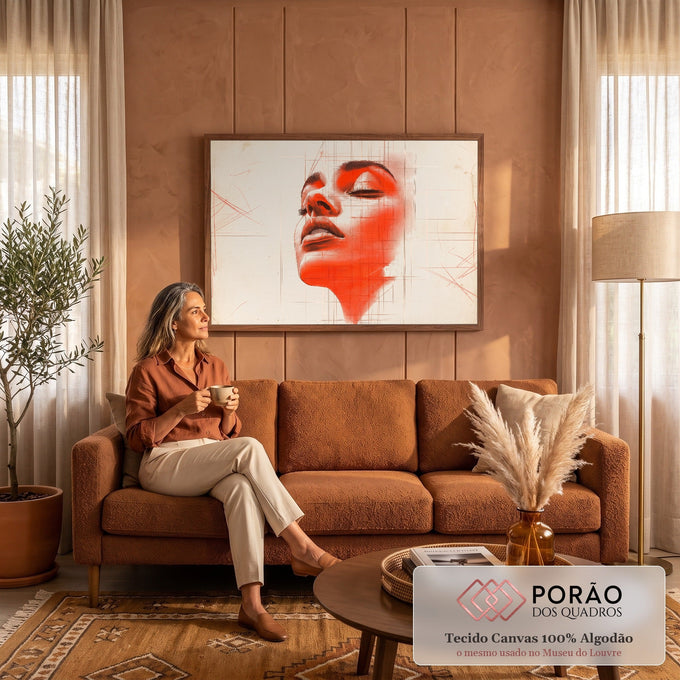 Rosto de mulher de olhos fechados em esboço com mancha vermelha e linhas de grade, quadro decorativo