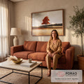 Quadro Decorativo Árvore Vermelha Solitária no Campo Dourado | quadros decorativos para sala de estar | árvore solitária de folhas vermelhas em campo dourado sob céu cinza | em Quadros para Quarto | Porao dos Quadros