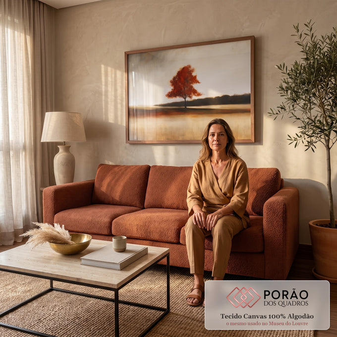 Quadro Decorativo Árvore Vermelha Solitária no Campo Dourado | quadros decorativos para sala de estar | árvore solitária de folhas vermelhas em campo dourado sob céu cinza | em Quadros para Quarto | Porao dos Quadros
