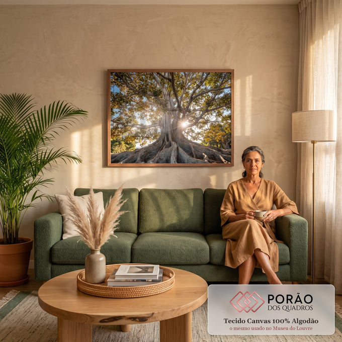 Quadro Decorativo Grande Árvore com Raízes Verde para Sala | quadros decorativos para sala de estar | árvore de grande porte com raízes expostas e sol brilhando entre os galhos | em ambiente 3 | Porao dos Quadros