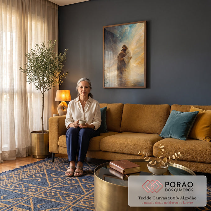 Quadro Decorativo Grande Jesus Abraçando Dourado para Sala | quadros decorativos para sala de estar | Jesus abraçando uma pessoa em manto escuro, fundo abstrato azul e dourado | em ambiente 3 | Porao dos Quadros