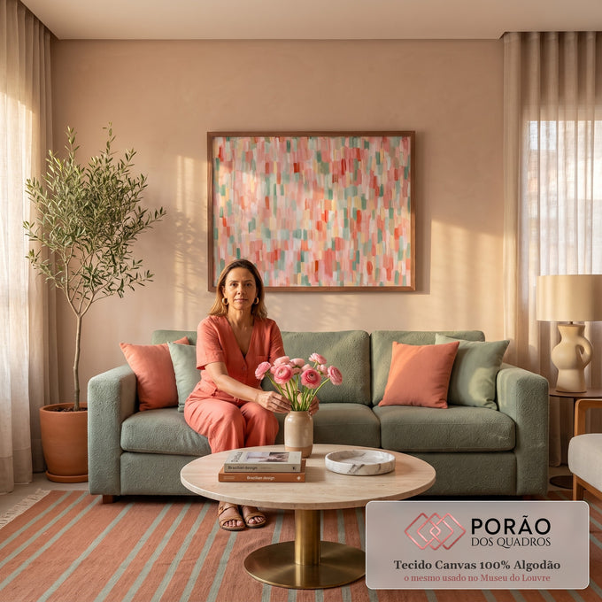 Quadro Decorativo Grande Abstrato em Pinceladas para Sala | quadros decorativos para sala de estar | pinceladas abstratas em rosa, coral e verde-sálvia com textura densa | em ambiente 3 | Porao dos Quadros