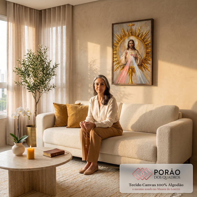 Quadro Decorativo Grande Sagrado Coração para Sala Dourado | quadros decorativos para sala de estar | Jesus Cristo com coração sagrado em chamas e auréola dourada em raios | em ambiente 3 | Porao dos Quadros