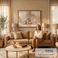 Quadro Decorativo Grande Sagrada Família Bege para Sala | quadros decorativos para sala de estar | homem e mulher ajoelhados abraçam bebê na manjedoura sob estrela dourada | em ambiente 3 | Porao dos Quadros