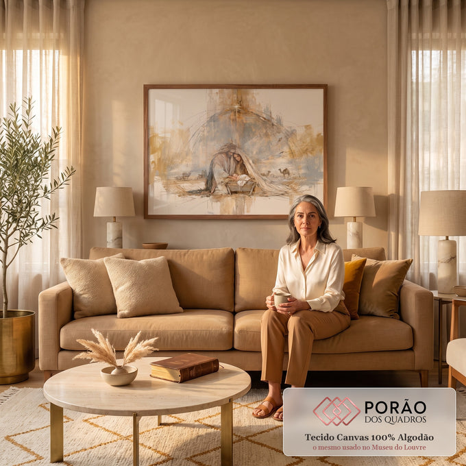 Quadro Decorativo Grande Sagrada Família Bege para Sala | quadros decorativos para sala de estar | homem e mulher ajoelhados abraçam bebê na manjedoura sob estrela dourada | em ambiente 3 | Porao dos Quadros