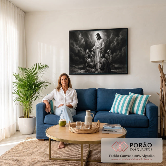 Jesus Cristo iluminado abençoando discípulos ajoelhados em oração, desenho a carvão, quadro decorativo