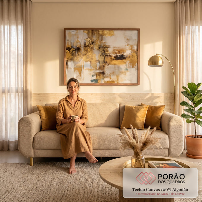 Quadro Decorativo Grande Abstrato com Texturas para Sala | quadros decorativos para sala de estar | pintura abstrata com manchas de folha dourada sobre fundo bege e faixas pretas | em ambiente 3 | Porao dos Quadros