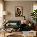 Quadro Decorativo Grande Mulher Lendo Livro para Sala Bege | quadros decorativos para sala de estar | mulher de cabelo preso lendo livro cercada de livros e flores em estilo impressionista | em ambiente 3 | Porao dos Quadros