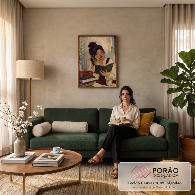 Quadro Decorativo Grande Mulher Lendo Livro para Sala Bege | quadros decorativos para sala de estar | mulher de cabelo preso lendo livro cercada de livros e flores em estilo impressionista | em ambiente 3 | Porao dos Quadros