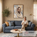 Quadro Decorativo Grande Jesus Cristo Aquarela para Sala | quadros decorativos para sala de estar | retrato aquarela de Jesus Cristo com manto branco e auréola dourada | em ambiente 3 | Porao dos Quadros