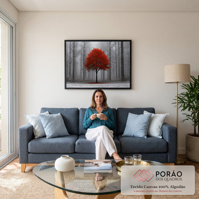 Árvore de folhas vermelhas no centro de uma floresta cinza com neblina e chão nevado, quadro decorativo