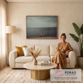 Quadro Decorativo Grande Mulher de Vestido para Sala Cinza | quadros decorativos para sala de estar | mulher de vestido vermelho montada em cavalo bege andando na água da praia | em ambiente 3 | Porao dos Quadros