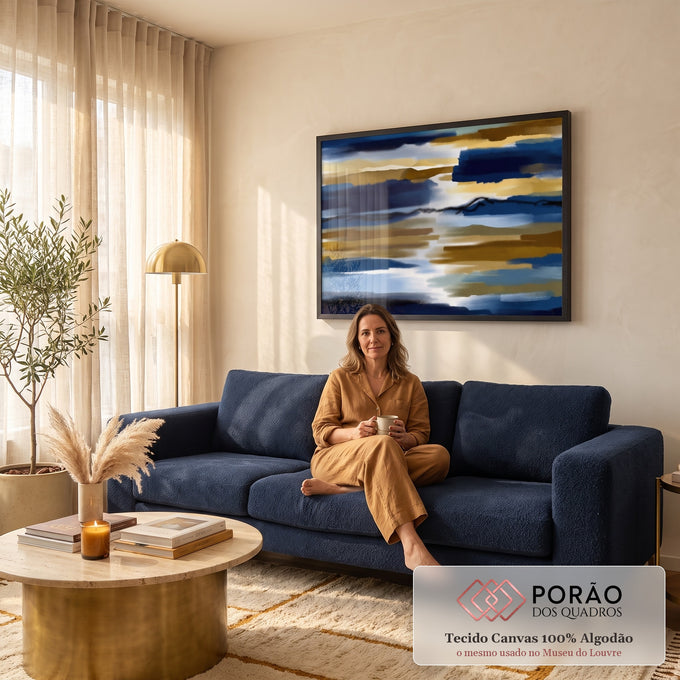 Quadro Decorativo Grande Abstrato e Dourado para Sala Azul | quadros decorativos para sala de estar | faixas abstratas em azul marinho e dourado com linha preta sinuosa central | em ambiente 3 | Porao dos Quadros