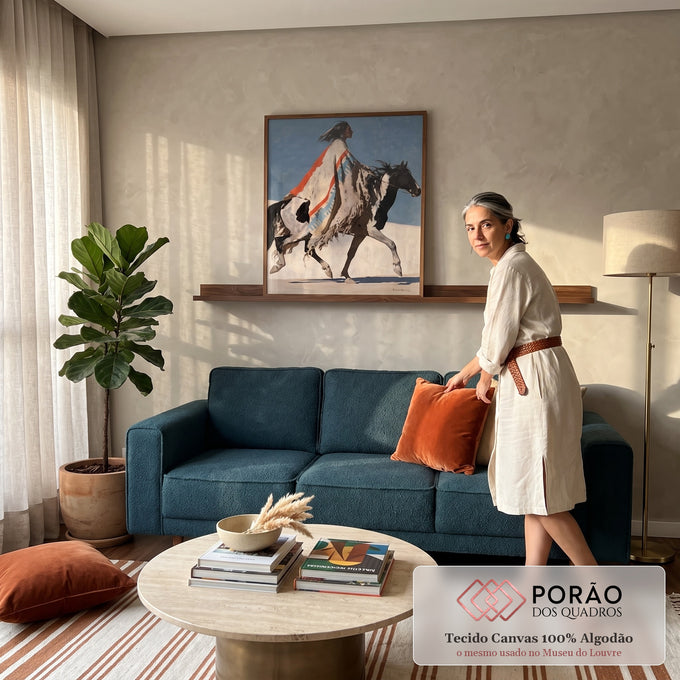 Quadro Decorativo Cavaleiro Indígena com Manto Listrado | quadros decorativos para sala de estar | cavaleiro indígena com manto listrado montado em cavalo pintado preto e branco | em ambiente 3 | Porao dos Quadros