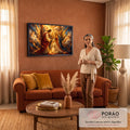 Quadro Decorativo Grande Primeira Comunhão para Sala Dourado | quadros decorativos para sala de estar | Jesus entrega cálice dourado a menina em oração ao lado de Nossa Senhora, com anjos ao fundo | em ambiente 3 | Porao dos Quadros
